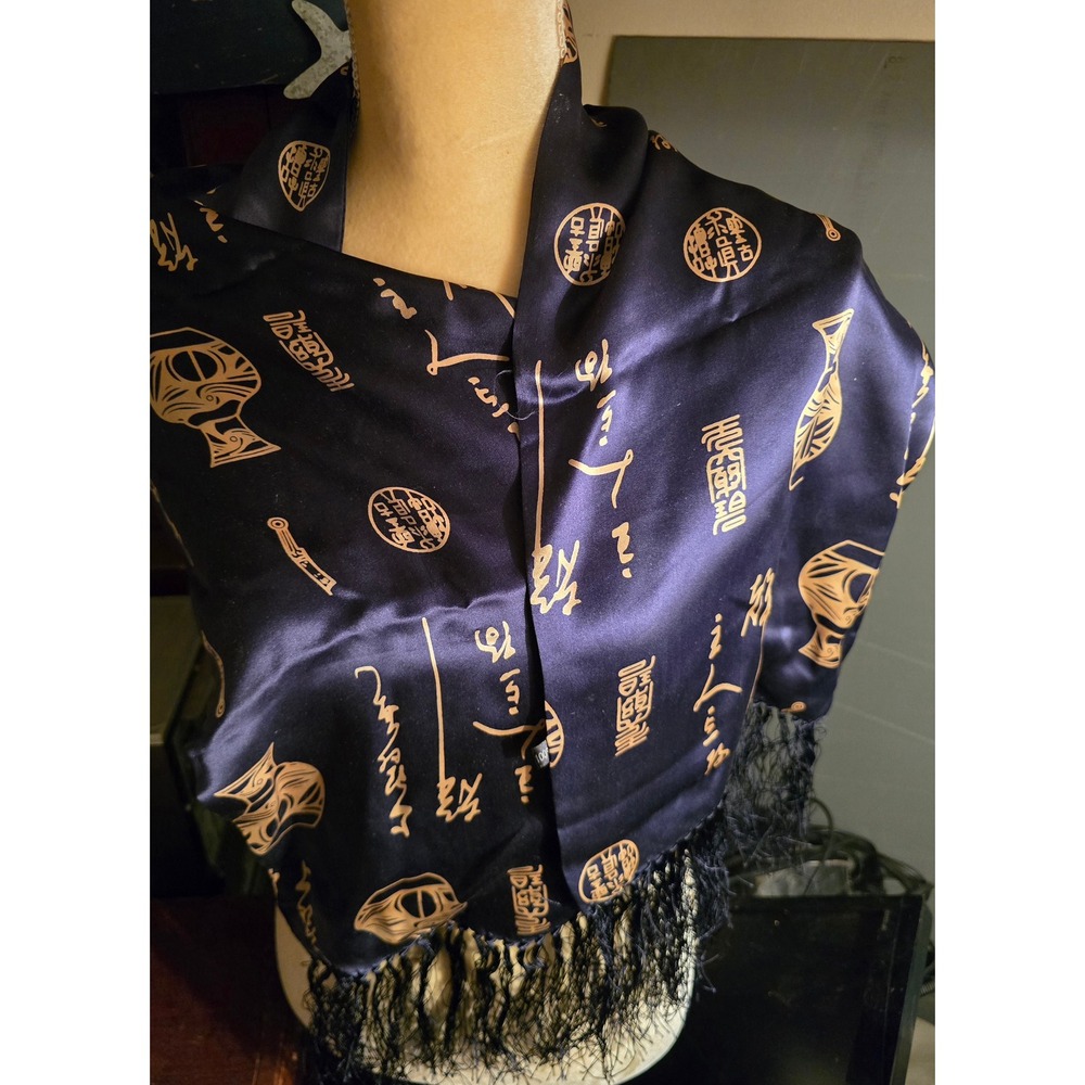 Navy Blue Satin Shawl Scarf with Gold Asian Script‎ and Vase Print Fringe Accent